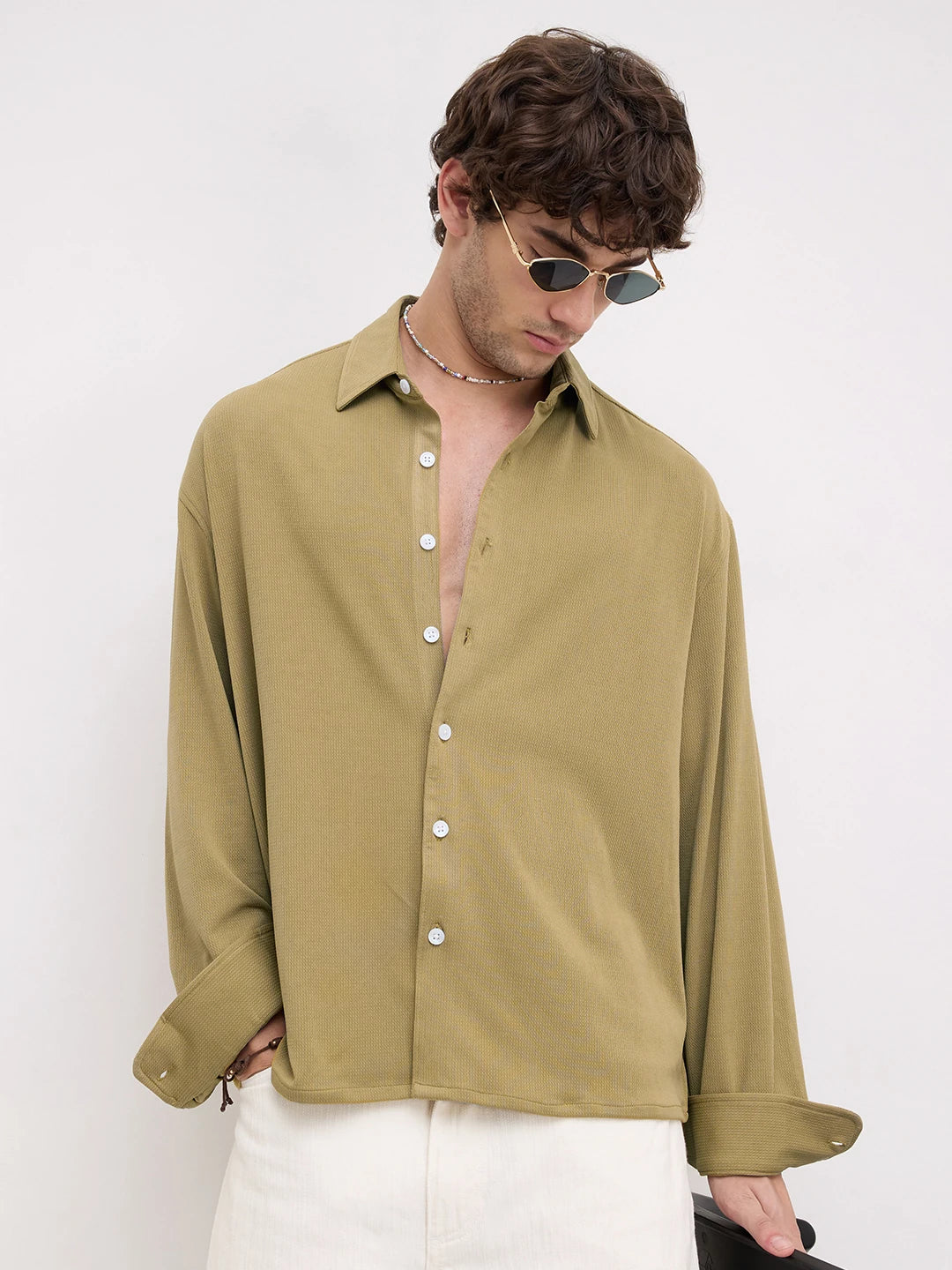 Luxe Khaki Fine Textured Knitted Boxy Fit Crop Shirt