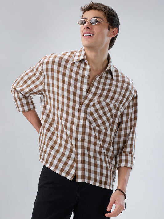 Cocoa Brown & White Ghingam Checks Boxy Fit Crop Shirt