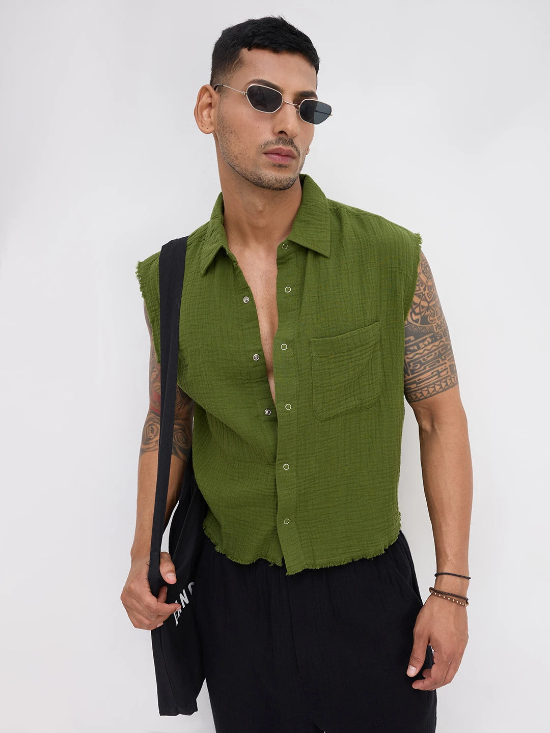 Evergreen Double Cloth Sleevless Crop Shirt