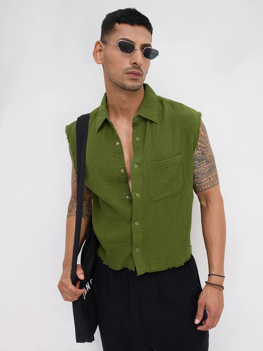 Evergreen Double Cloth Sleevless Crop Shirt