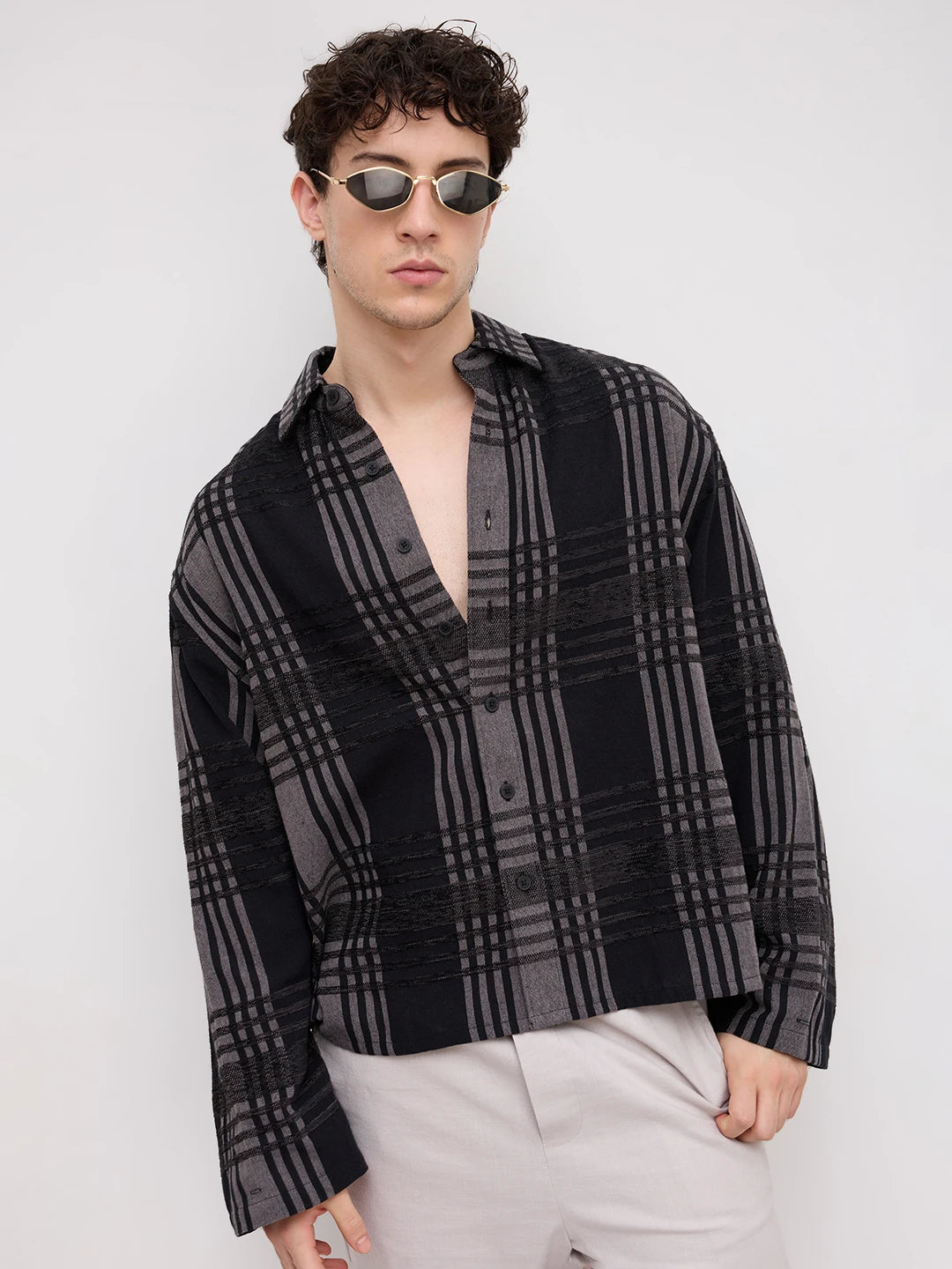 Grey & Black Raised Plaid Checks Cuffless Oversized Crop Shirt