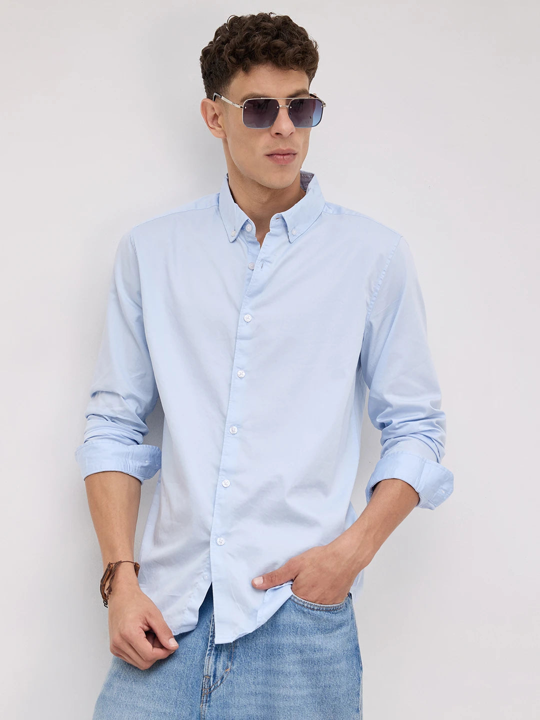 Bluemist Button-Down Collar Satin Shirt