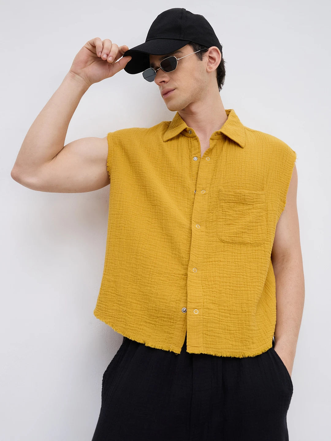 Mustard Yellow Double Cloth Sleevless Crop Shirt