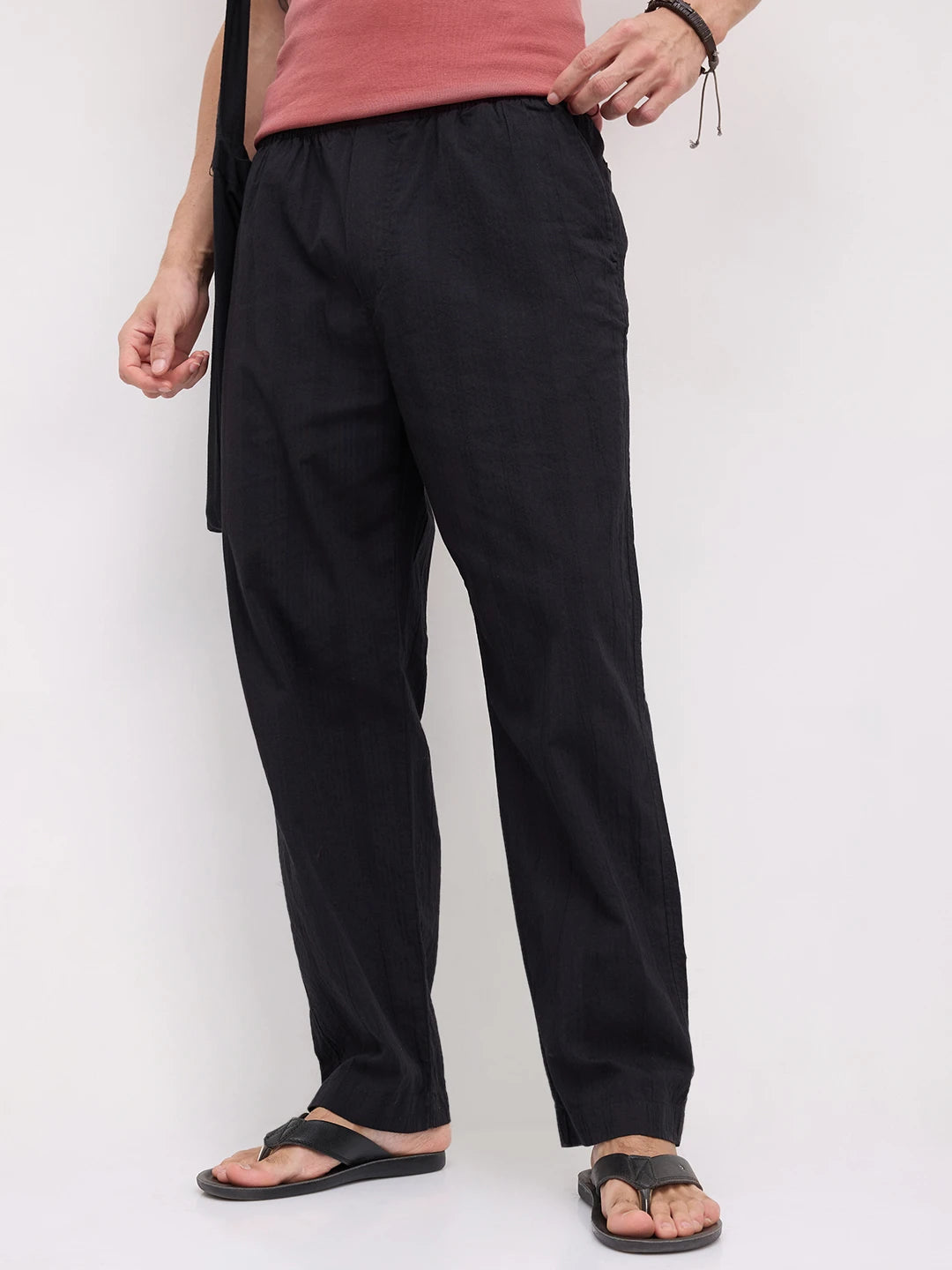 Minimal Black Seersucker Tapered Trousers