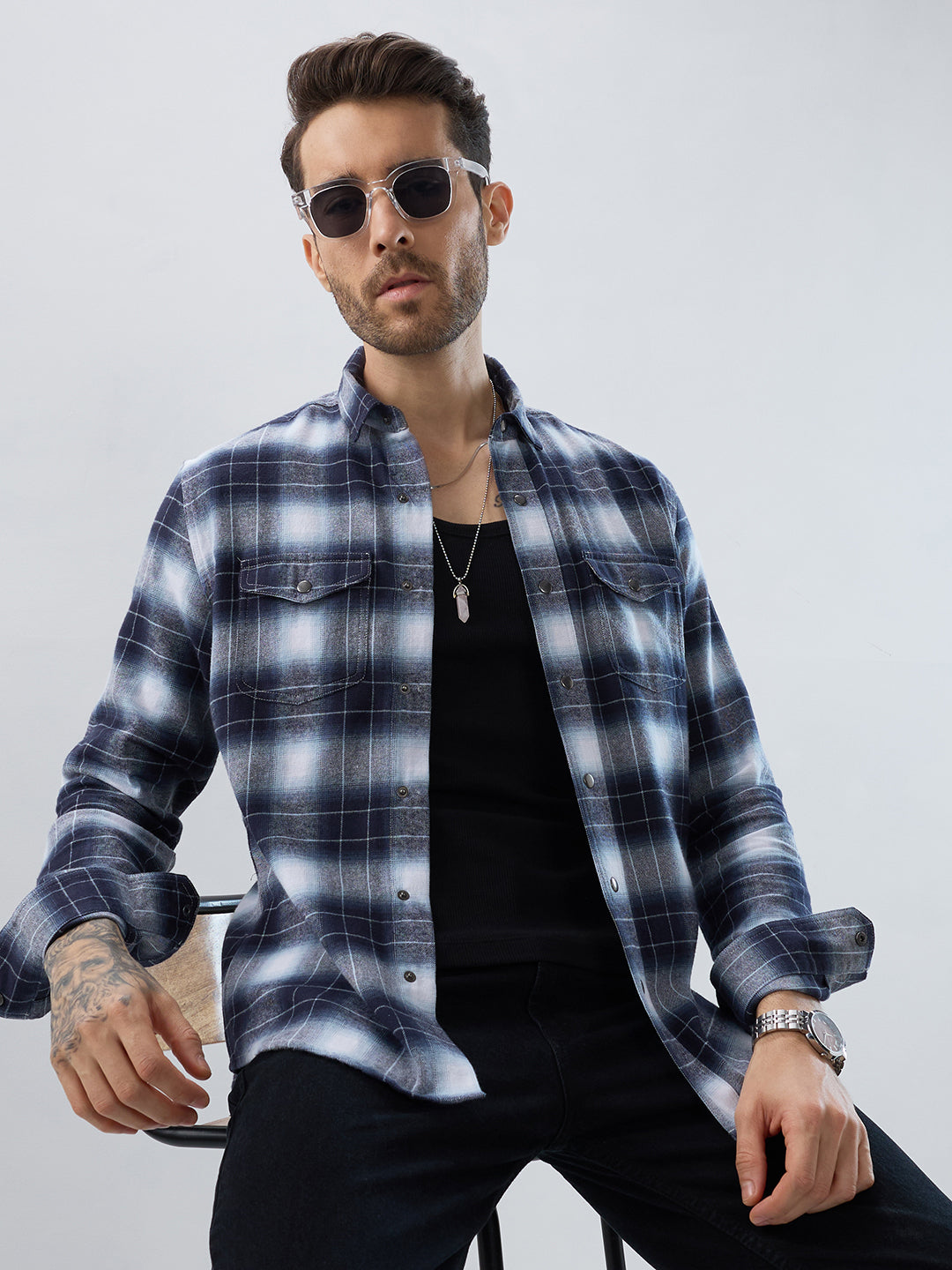 Blue Eminence Ombre Checks Twin Pocket Flannel Shirt