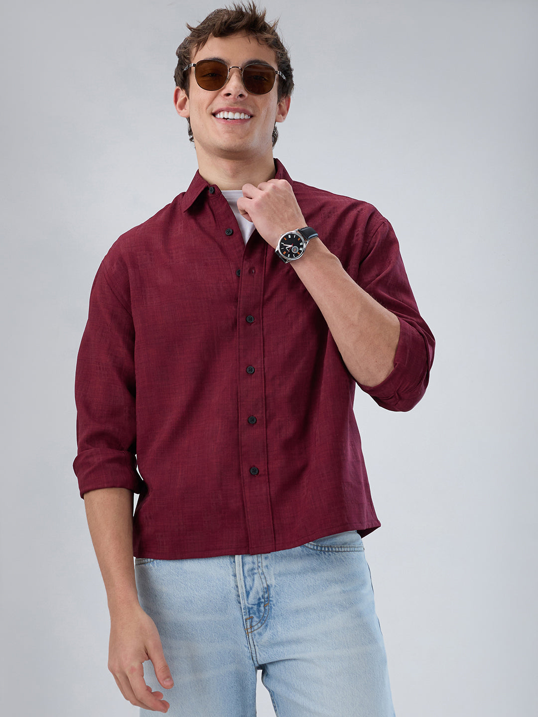 Crimson Maroon Soft Grid Textured Boxy Fit Crop Shirt