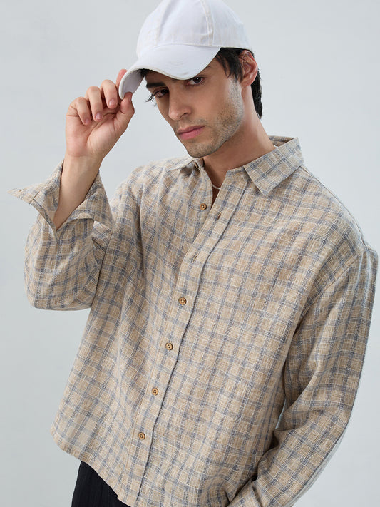 Seaside Beige Burlap Linen Blend Boxy Fit Crop Shirt