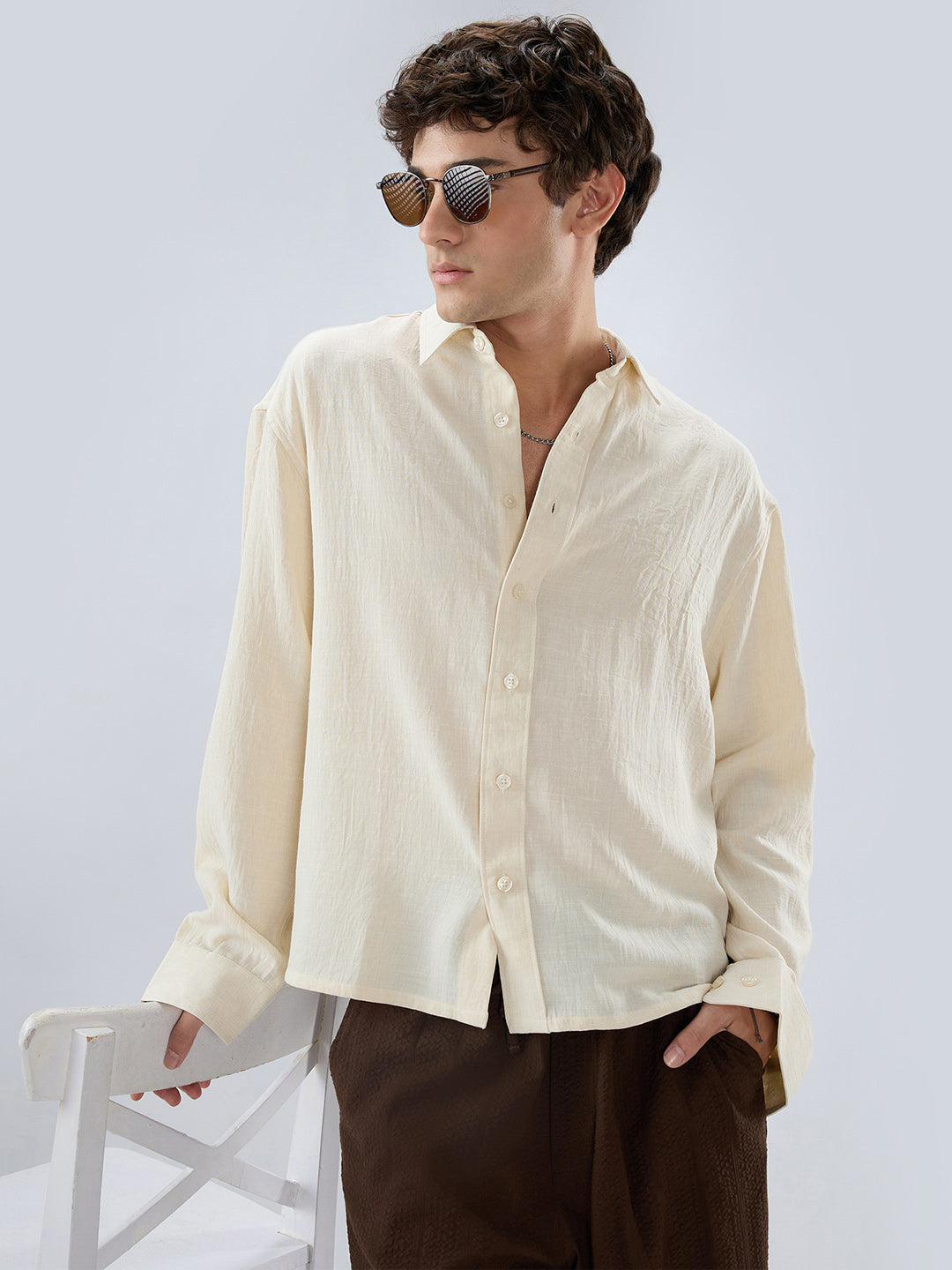 Cream Breeze Minimal Textured Boxy Fit Crop Shirt