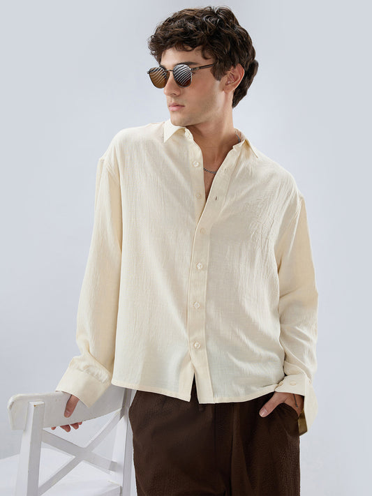 Cream Breeze Minimal Textured Boxy Fit Crop Shirt