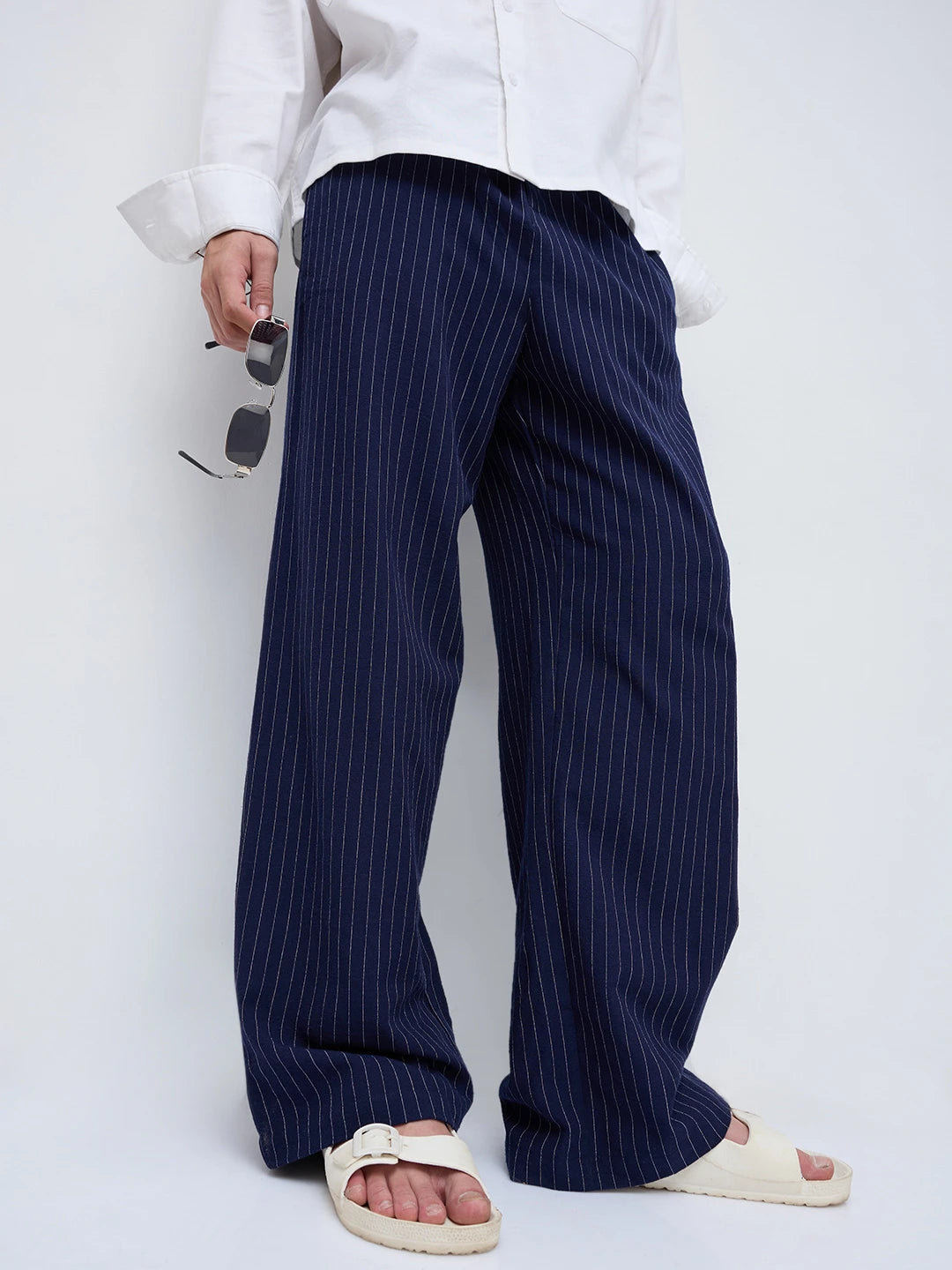 Navy Pinstripe Wide Leg Trousers