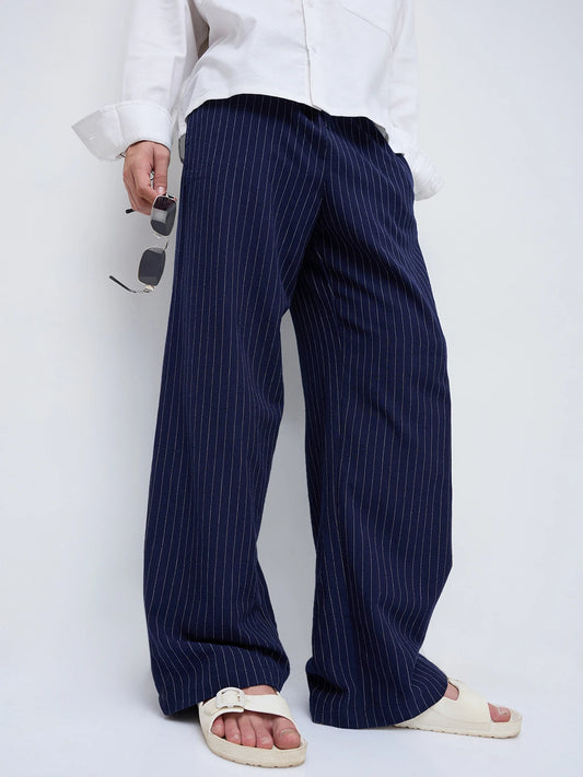 Navy Pinstripe Wide Leg Trousers