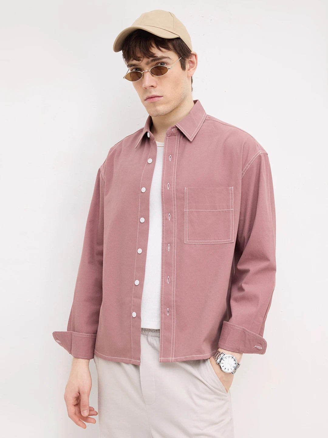 Serene Rouge Pink Contrast Stitch Boxy Fit Crop Cord Shirt
