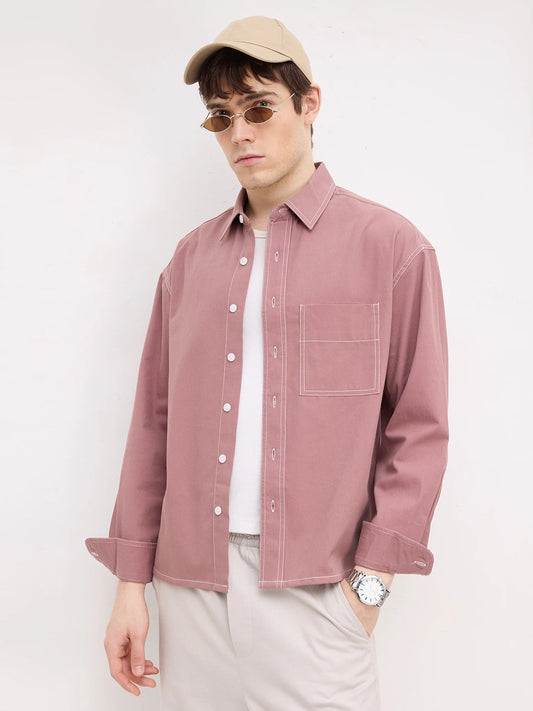 Serene Rouge Pink Contrast Stitch Boxy Fit Crop Cord Shirt
