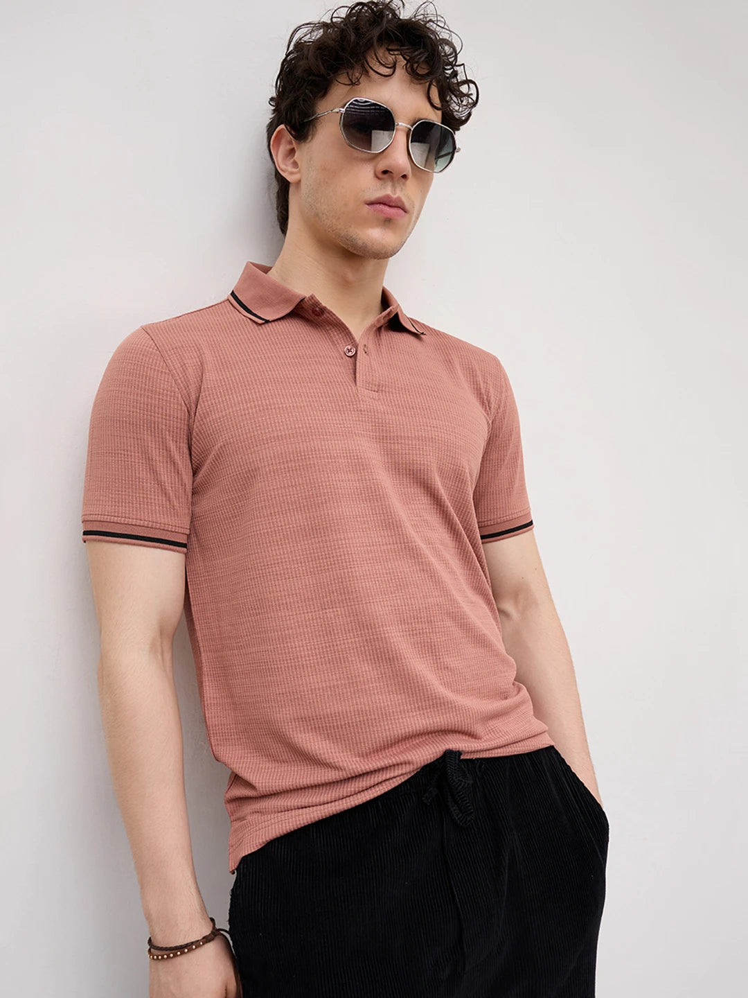 Coral Peach Grid Textured Contrast Polo Knit T-Shirt