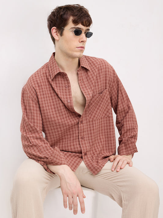 Rustic Brick Brown Atelier Checked Boxy Fit Crop Shirt