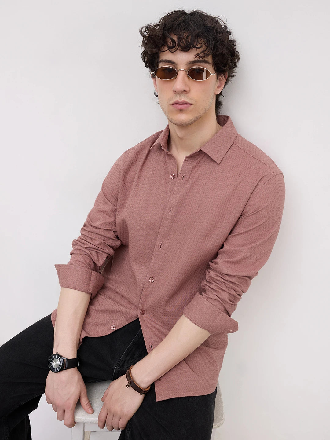 Sienna Brown Micro Waffle Textured Shirt