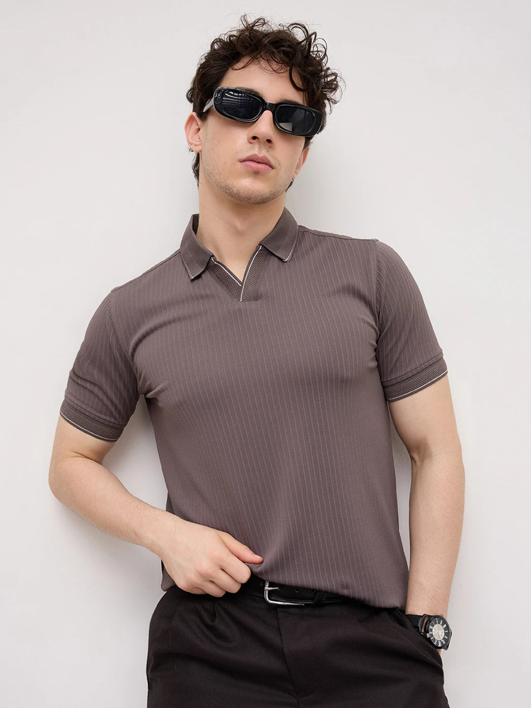 Graphite Grey Pinstripe Weave Polo Tee