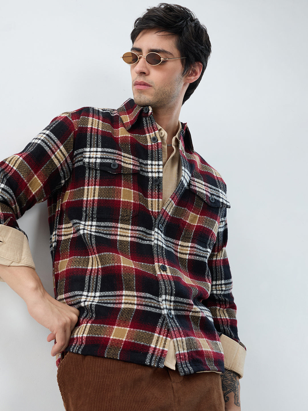 Premium Red Oak Plaid Checks Twin Pocket Flannel Shirt