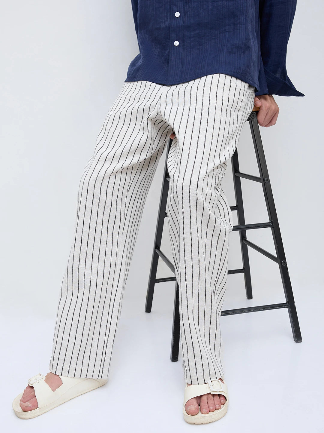 Artistic Ivory & Black Burlap Striped Straight Fit Trousers