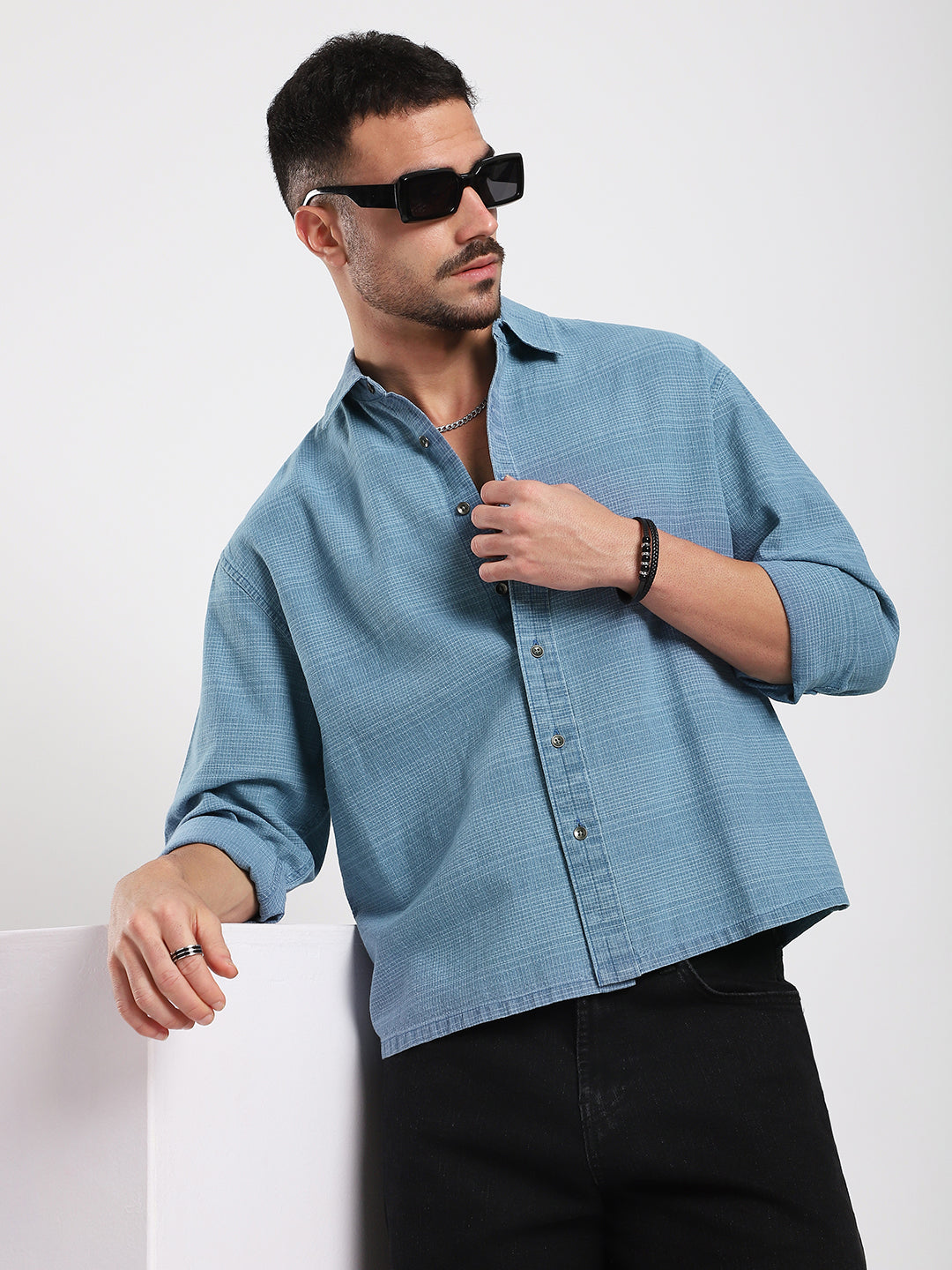 Denim Blue Crosshatch Textured  Boxy Fit Crop Shirt