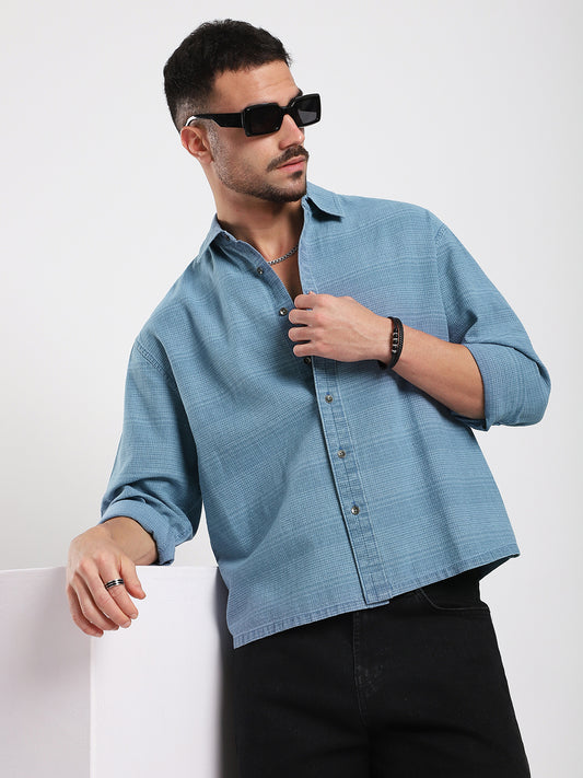 Denim Blue Crosshatch Textured  Boxy Fit Crop Shirt