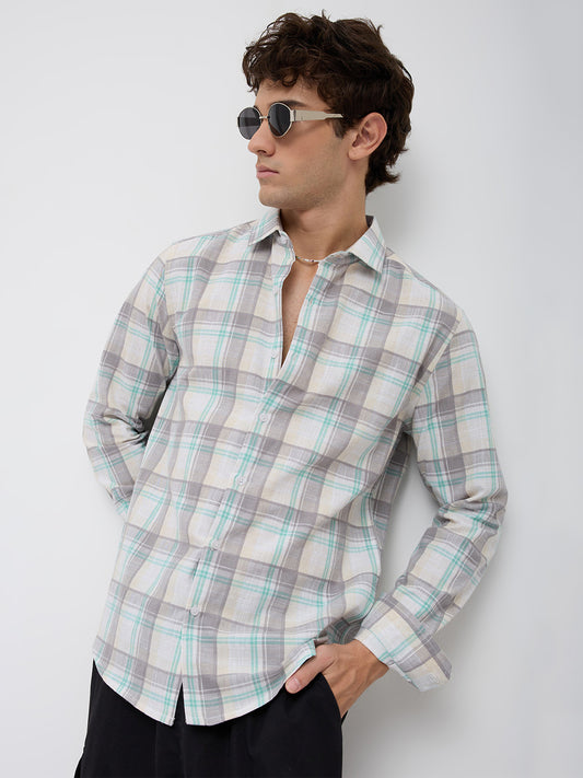 Grey & White Plaid Checks Textured Shirt