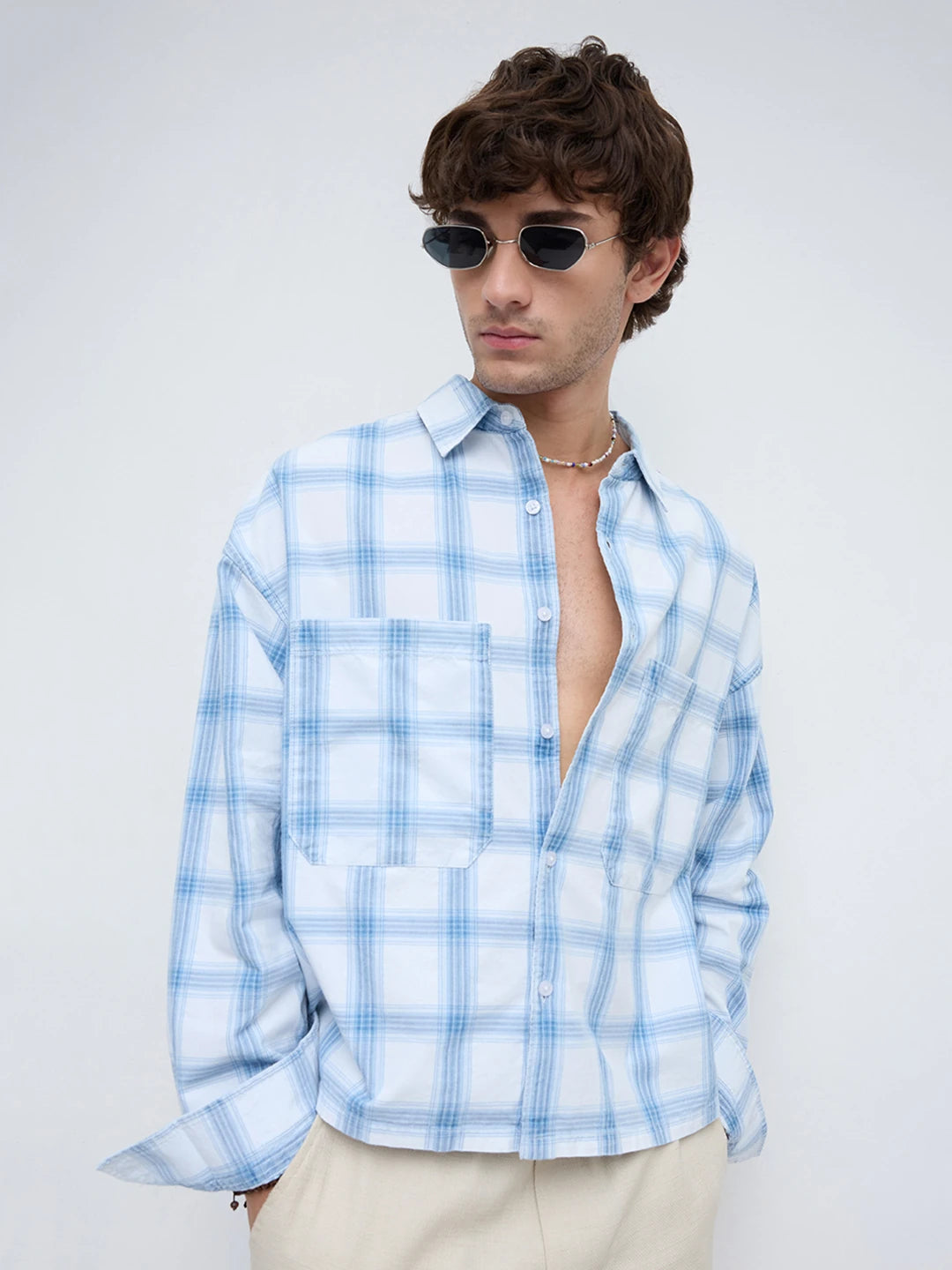Timeless Denim Plaid Checks Twin Pocket Oversized Crop Shirt