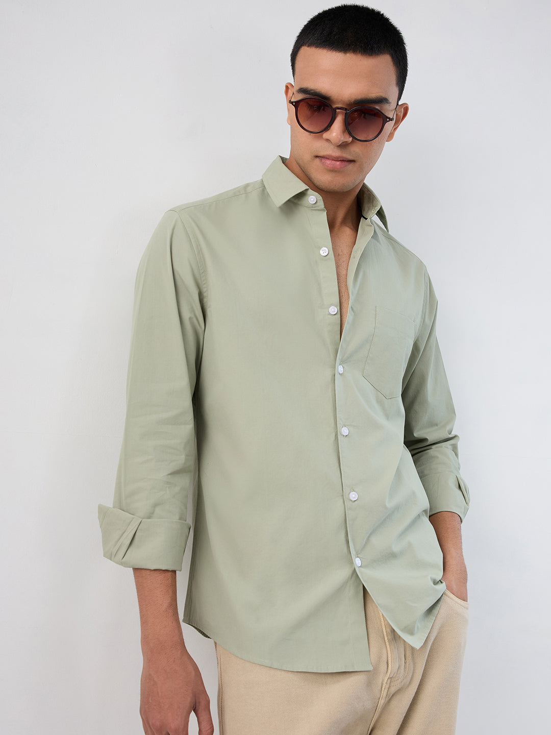 Plush Asparagus Green Peach Finish Poplin Shirt