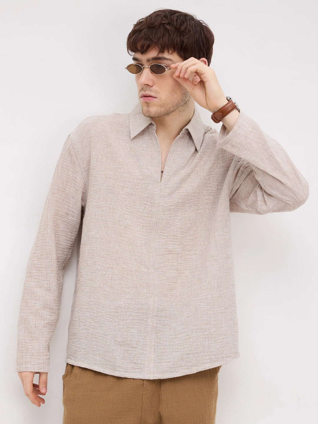 Elegant Sand Beige Textured Oversized Polo Shirt