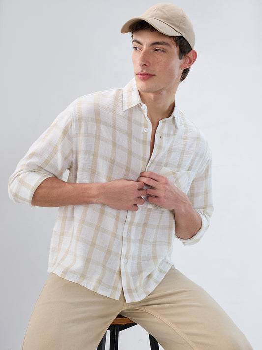 Warm Beige Checks Fine-Weave Boxy Fit Crop Shirt