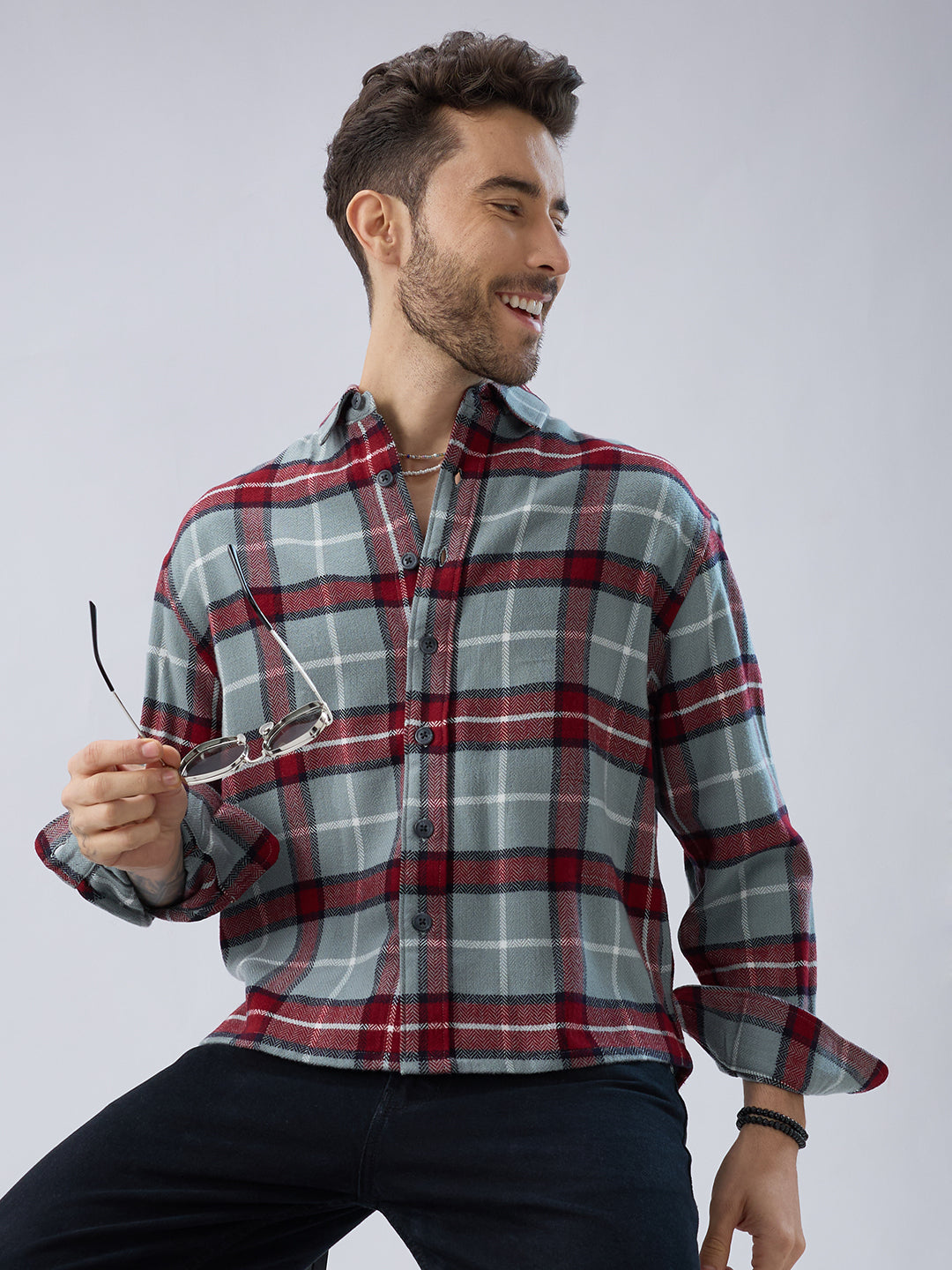 Forest Mist Rust Checks Boxy Fit Cropped Flannel Shirt