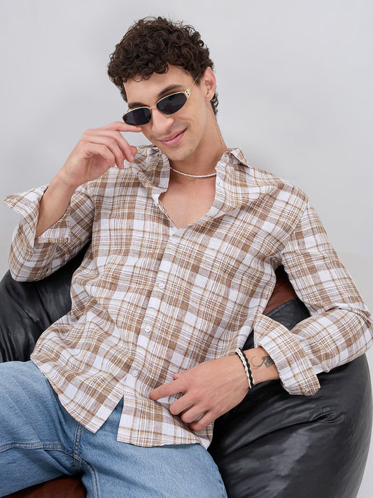 Walnut Brown Plaid Checks Textured Shirt