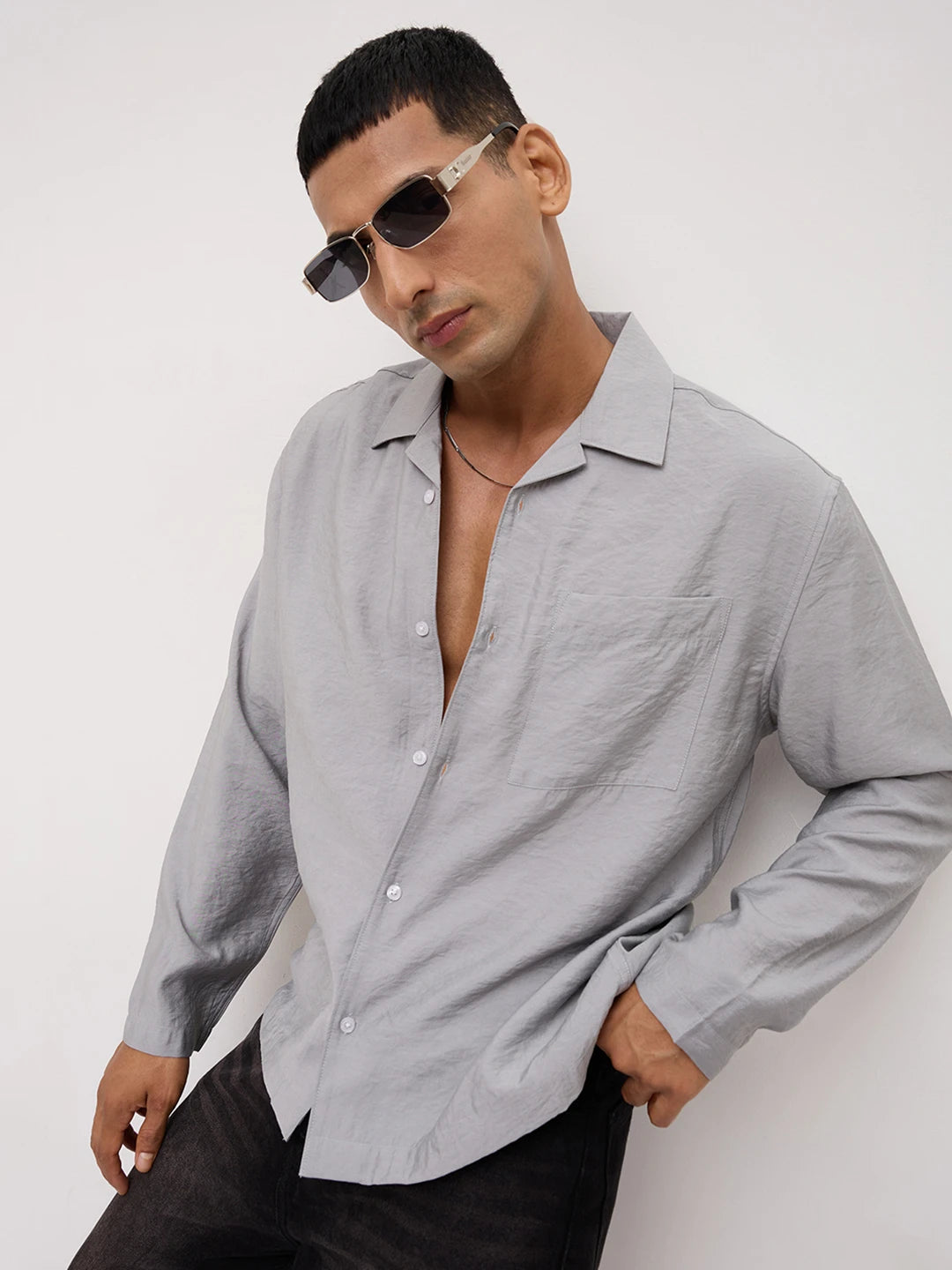 Refined Mist Grey Textured Oversized Notch Collar Shirt