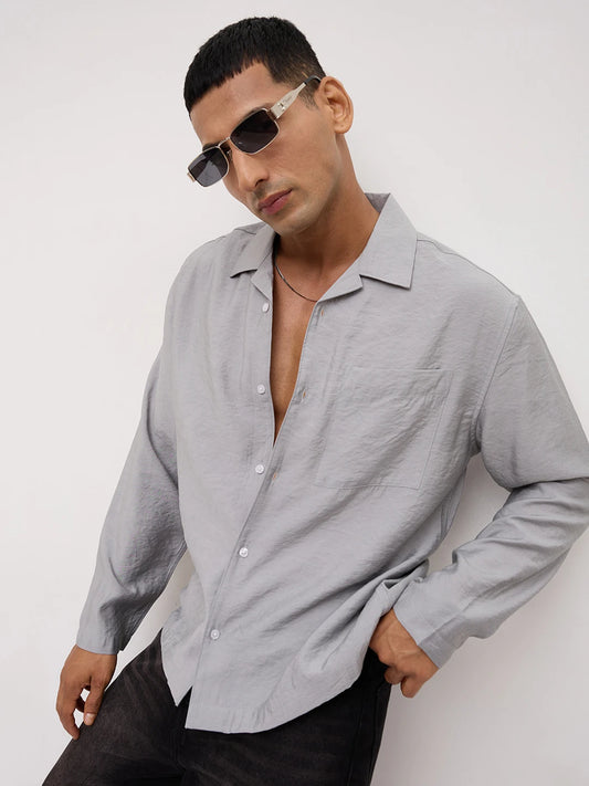 Refined Mist Grey Textured Oversized Notch Collar Shirt