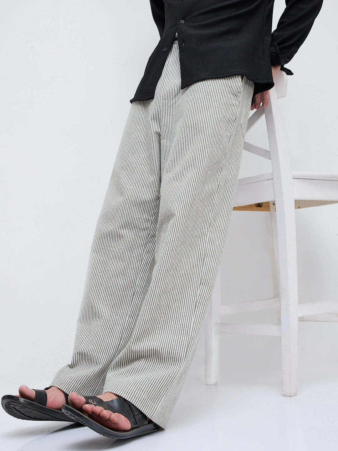 Olive & Off-White Candy Striped Straight Fit Trousers
