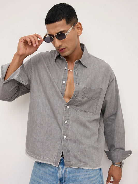 Refined Stonewashed Grey Boxy Fit Crop Shirt