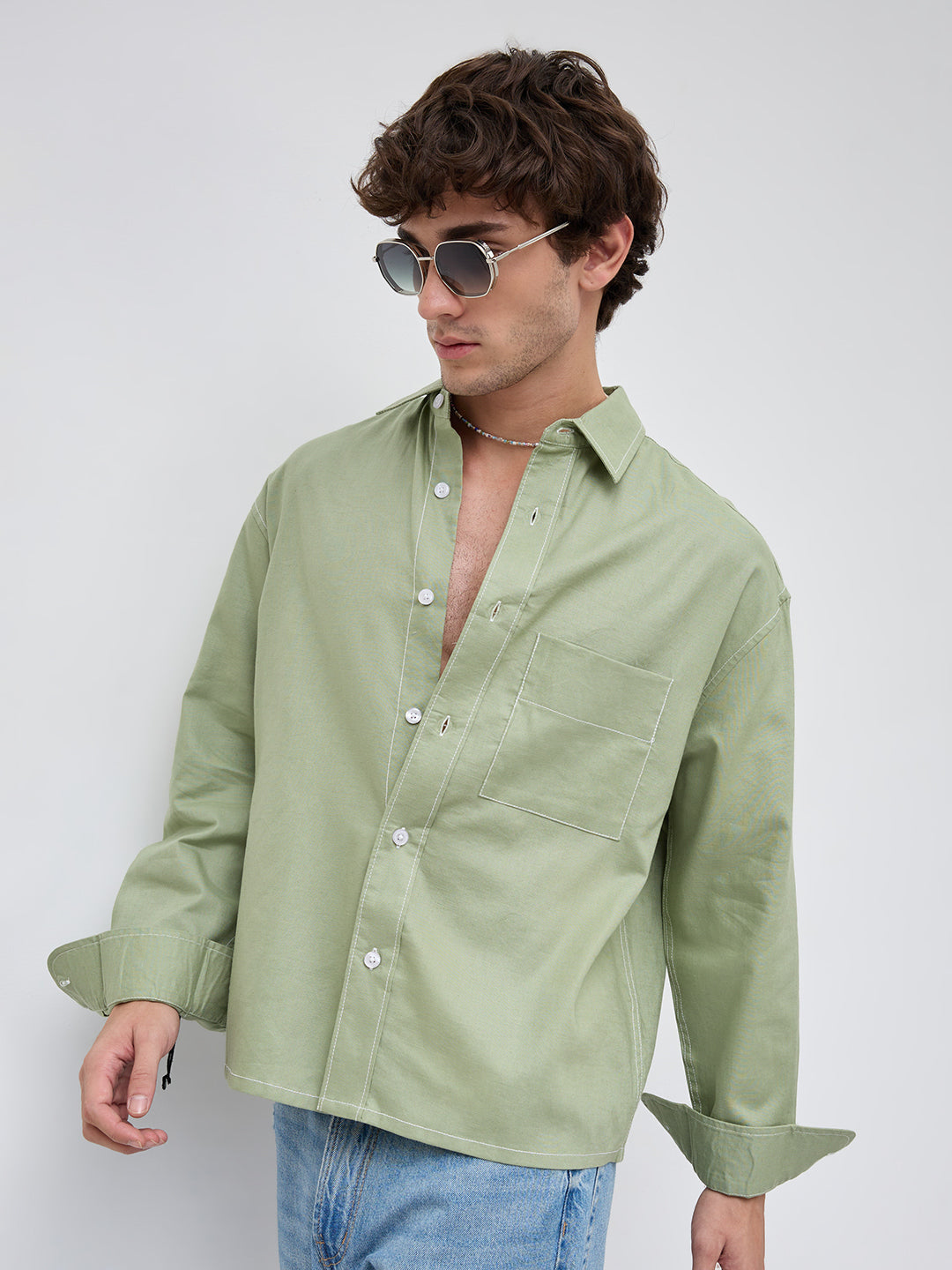 Sage Green Contrast Stitch Boxy Fit Crop Shirt