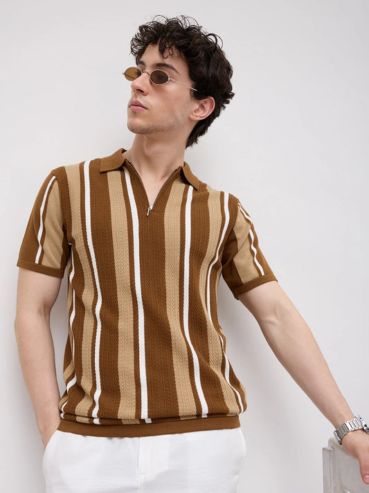 Retro Riviera Vertical Flat Knit Polo T-Shirt