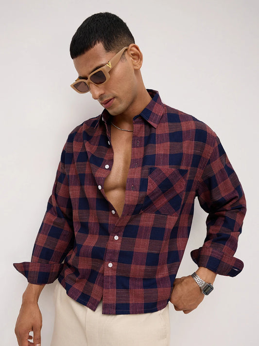 Autumn Navy & Brown Block Checks Boxy Fit Crop Shirt