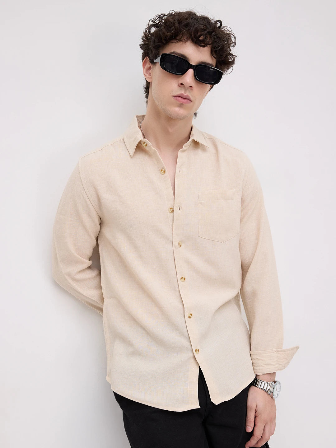 Elegant Cream Slub Textured Shirt