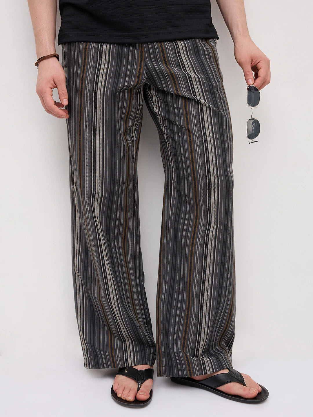 Graphite Grey Multi- Striped Wide Leg Trousers