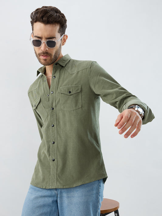 Regal Olive Double Pocket Corduroy Overshirt