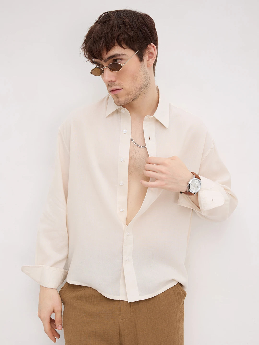 Classic Bisque Beige Boxy Fit Crop Shirt