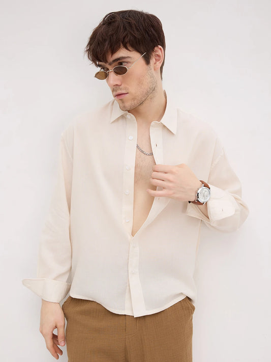 Classic Bisque Beige Boxy Fit Crop Shirt