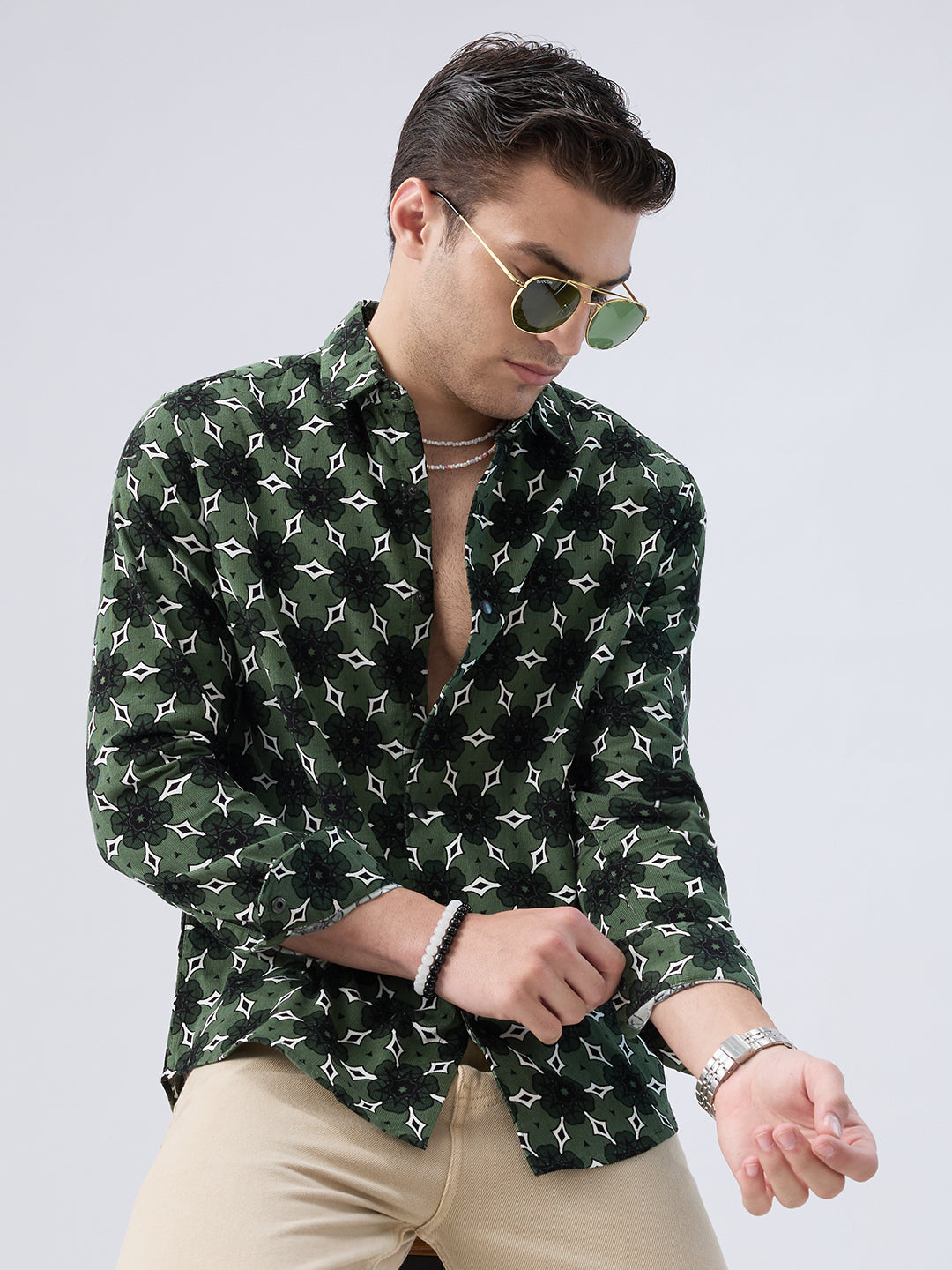 Emerald Green Floral Bloom Corduroy Shirt