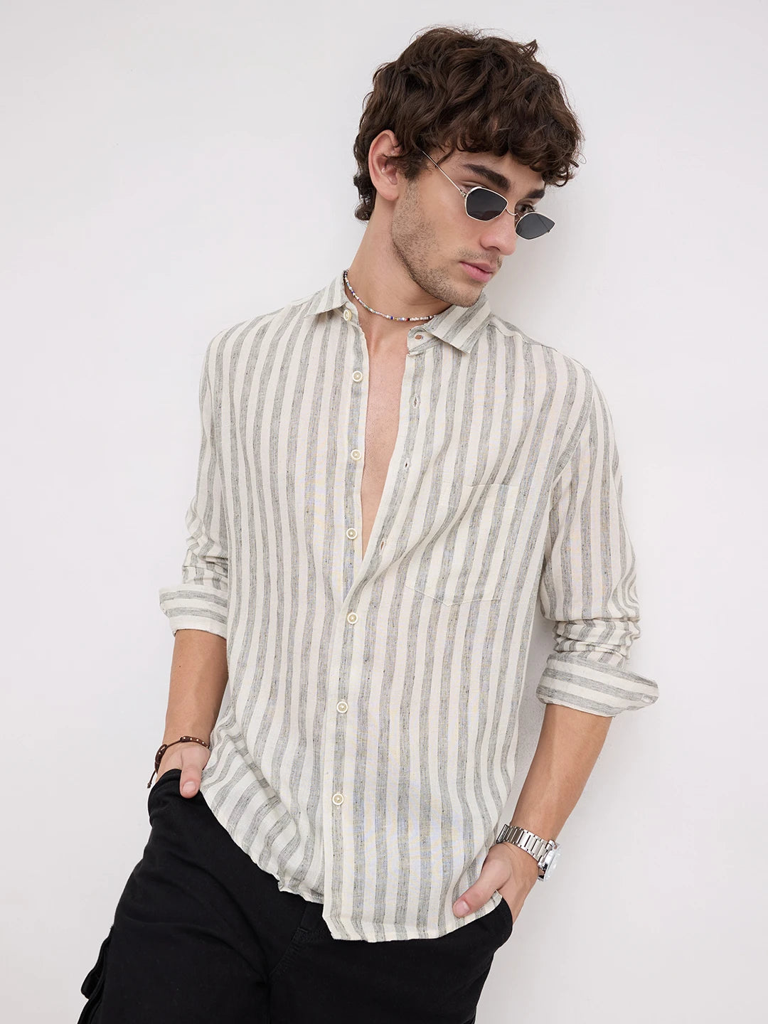 Olive & Ivory Striped Casual Shirt