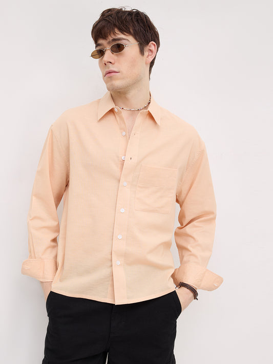 Soft Blush Peach Fine Textured Boxy Fit Crop Shirt