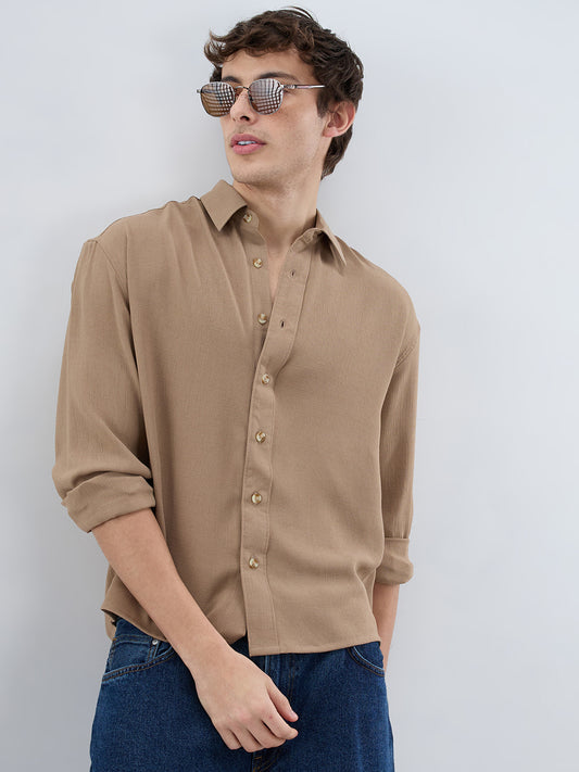Khaki Olive Fine Grid Textured Boxy Fit Oversized Shirt