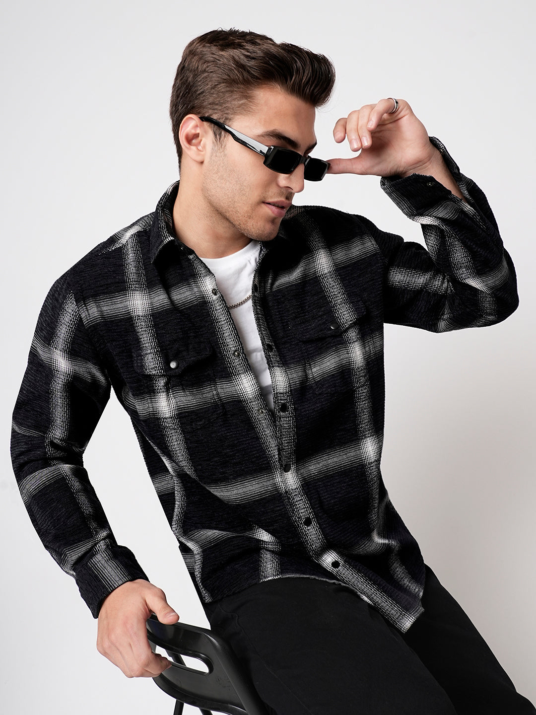 Black & White Broad Checks Double Flap Pocket Corduroy Shirt