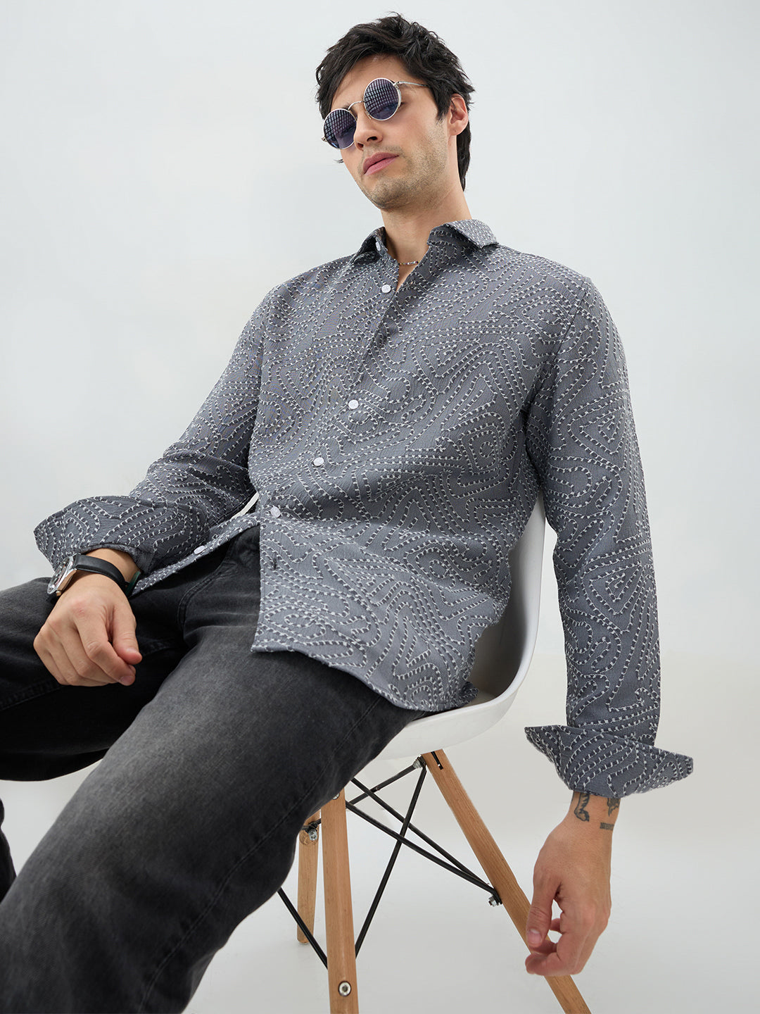 Ornate Charcoal Grey Ornamental Raised Stitch Shirt